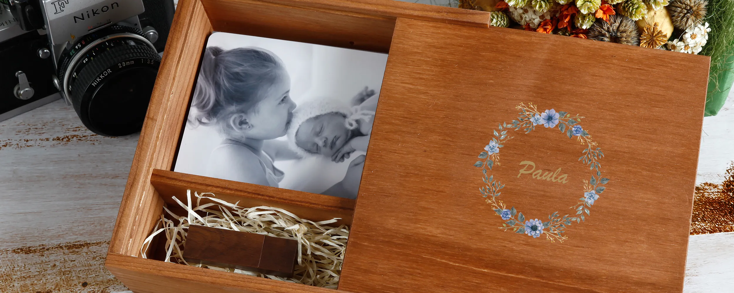 Cajas de madera para fotos con hueco - Tapa de madera con Logo